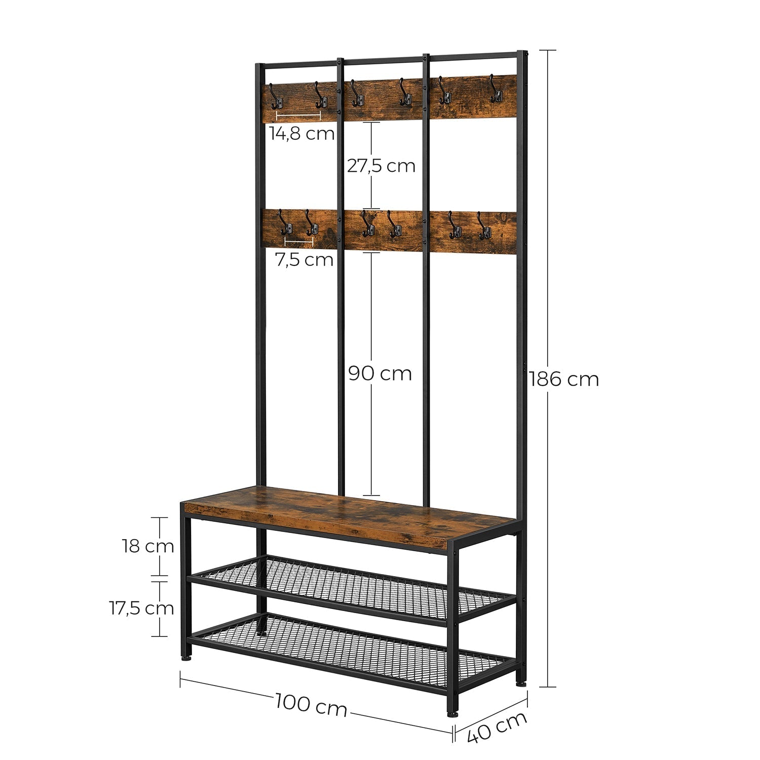 Coat rack with sofa - 12 clothes hooks - shoe rack - Industrial design - Sturdy steel frame