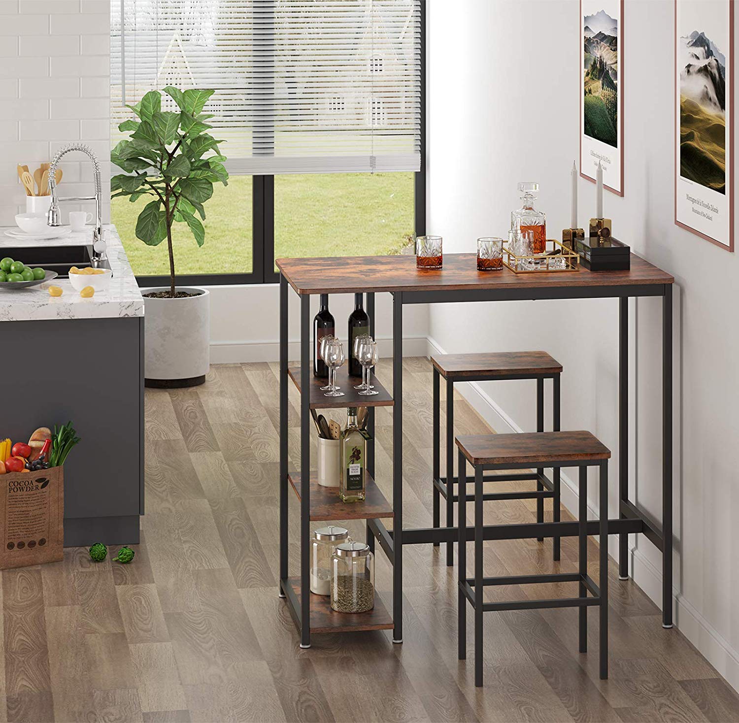 Bartafel - With 3 shelves - Industrial look - Metal frame and wooden leaf - Brown
