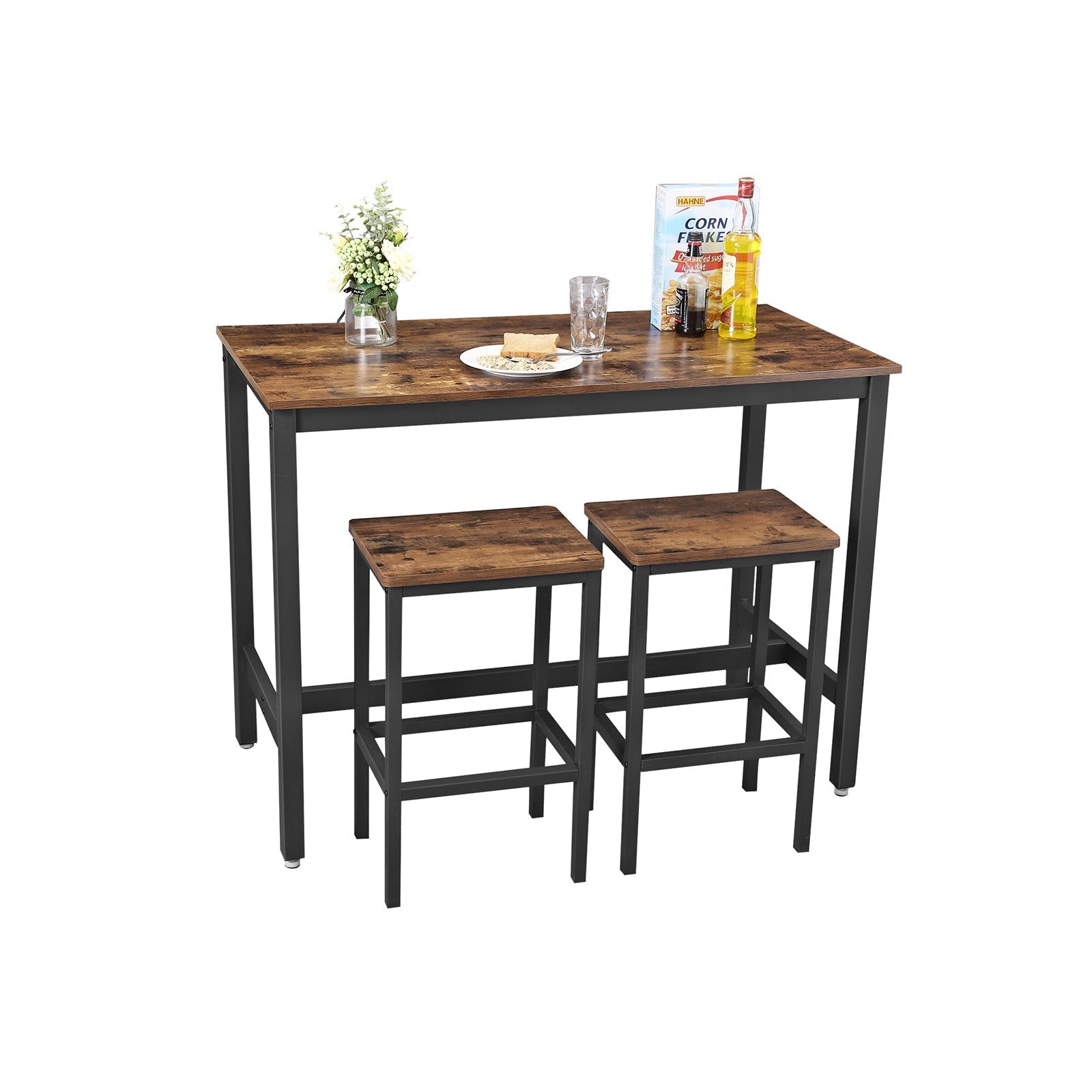 Bar table - Set with 2 bar stools - High table - 120 x 60 x 90 cm - Vintage brown/black