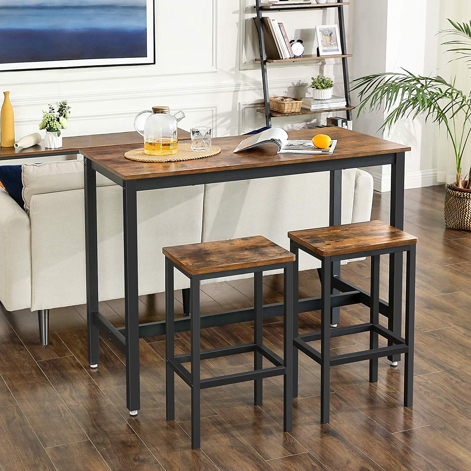Bar table - Set with 2 bar stools - High table - 120 x 60 x 90 cm - Vintage brown/black