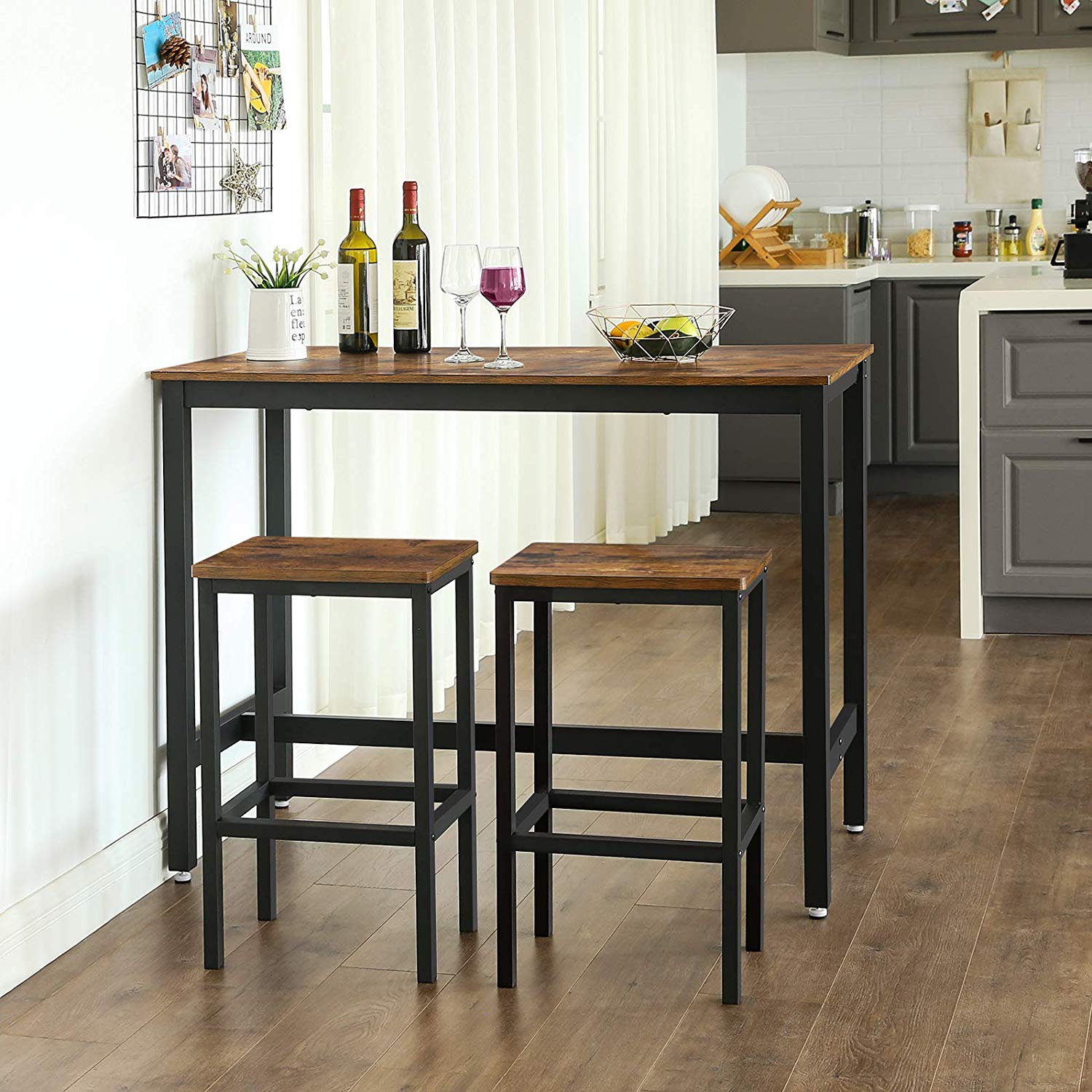 Bar table - Set with 2 bar stools - High table - 120 x 60 x 90 cm - Vintage brown/black