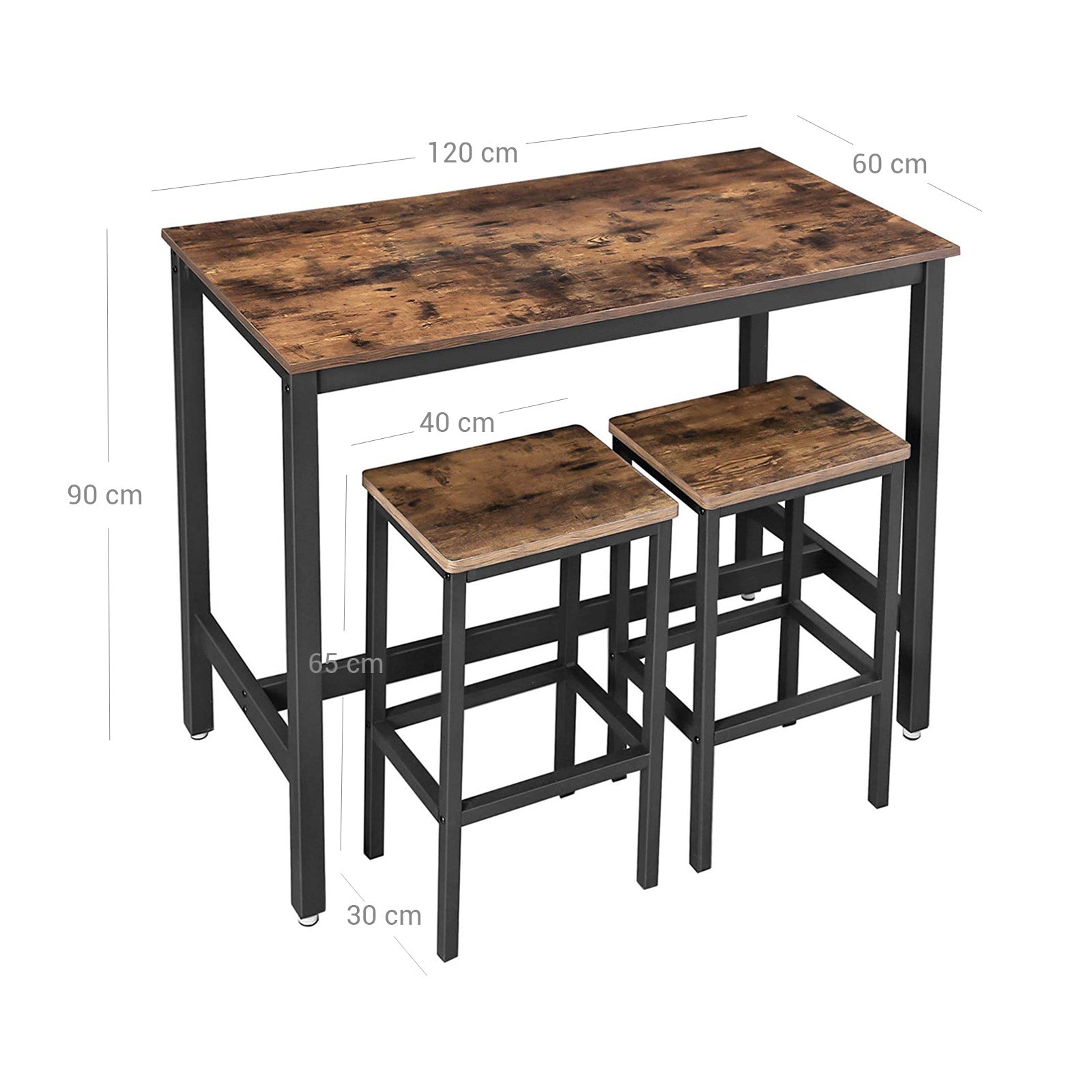 Bar table - Set with 2 bar stools - High table - 120 x 60 x 90 cm - Vintage brown/black