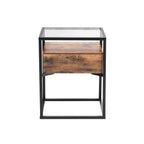 Bedside table - side table with glass and drawers - vintage design - brown/black