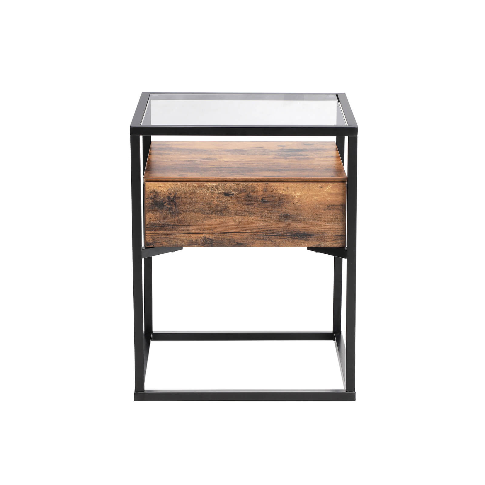 Bedside table - side table with glass and drawers - vintage design - brown/black