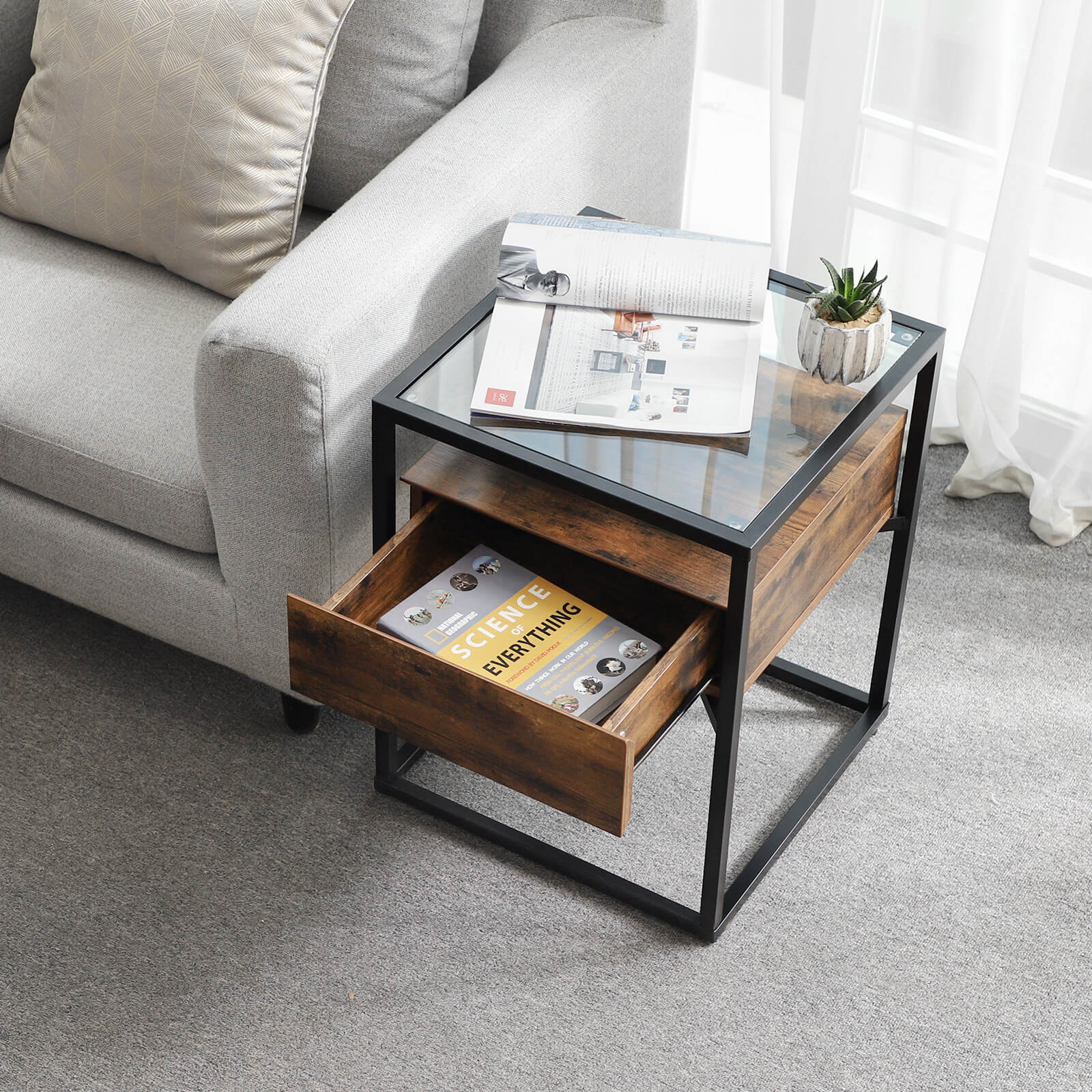 Bedside table - side table with glass and drawers - vintage design - brown/black