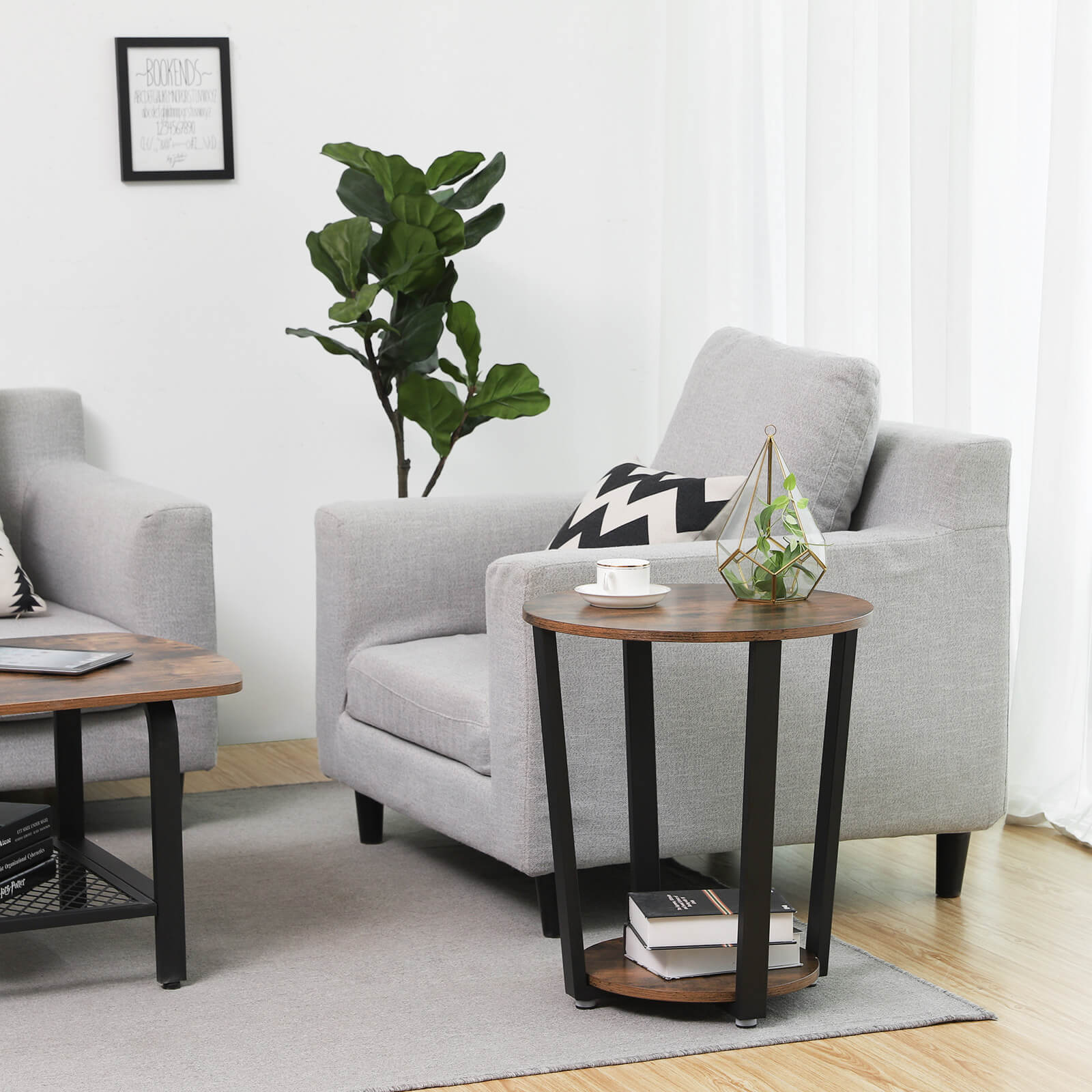 Side table - Round sofa table - bedside table - Living room table - Vintage Brown/Black