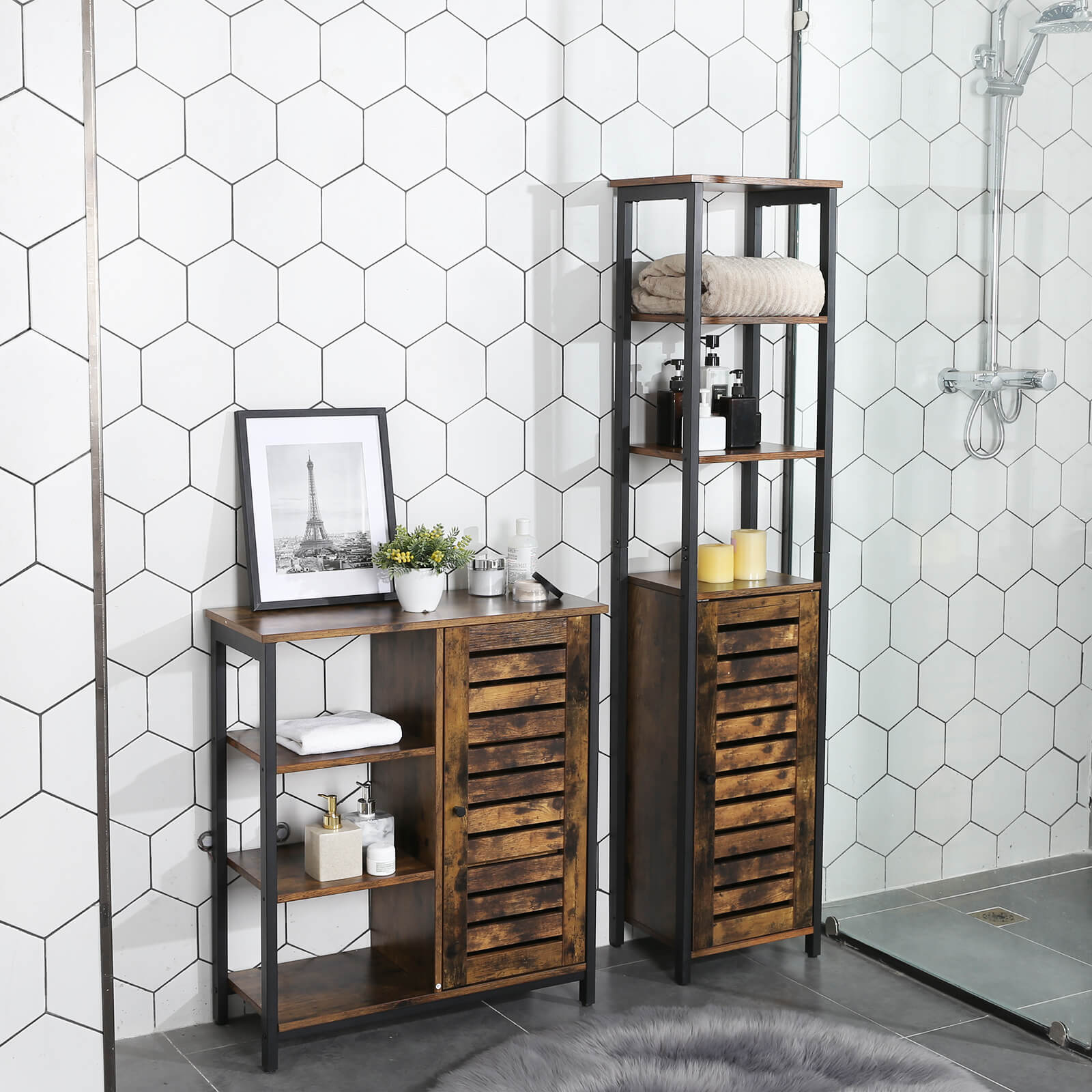 Kitchen cupboard - Narrow storage cupboard with 3 racks - Industrial design - Brown