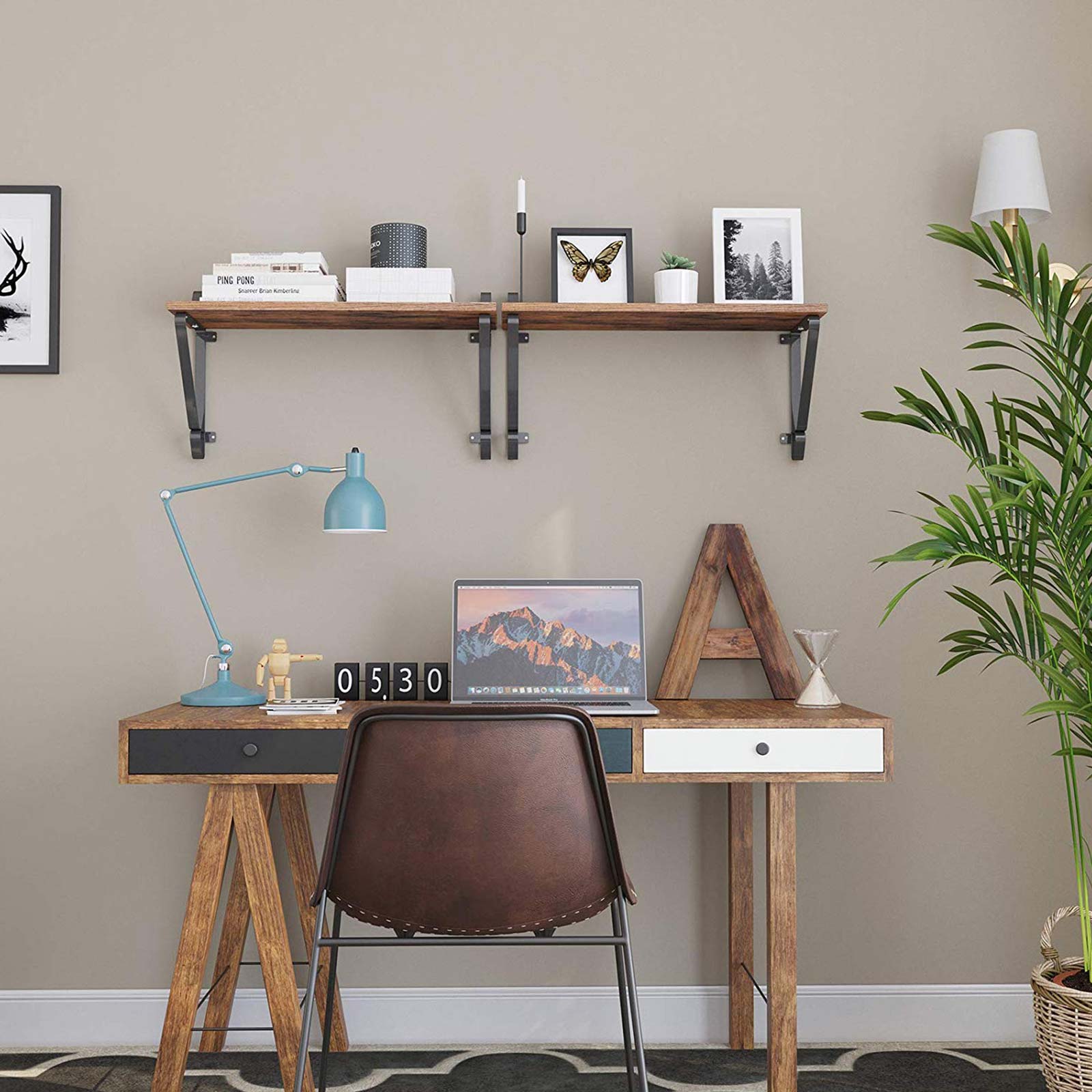Wall shelves set of 2 - large floating planks - Rustic design - Brown/Black