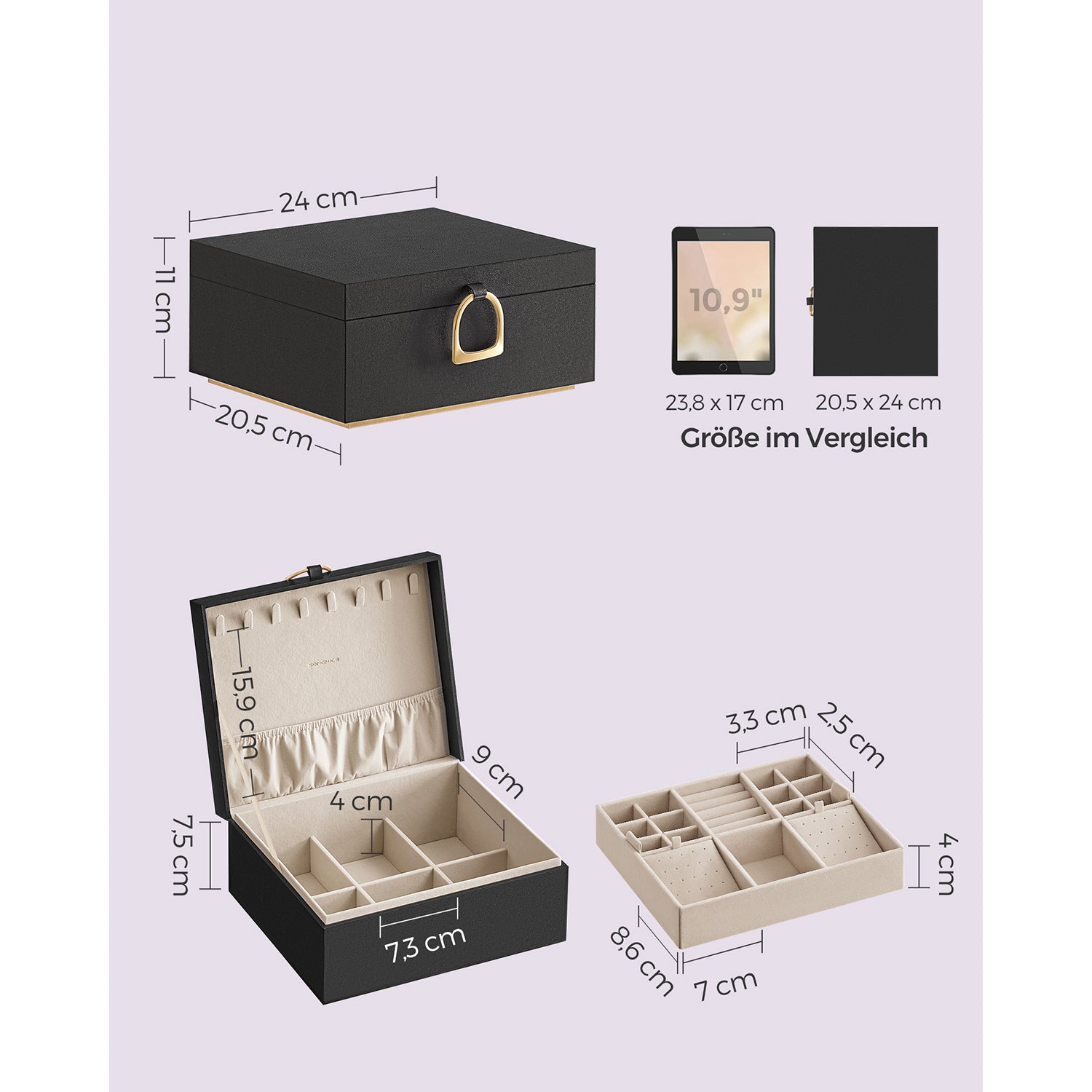 Jewelry box - 2 levels - with handle - flexible jewelry tray - black
