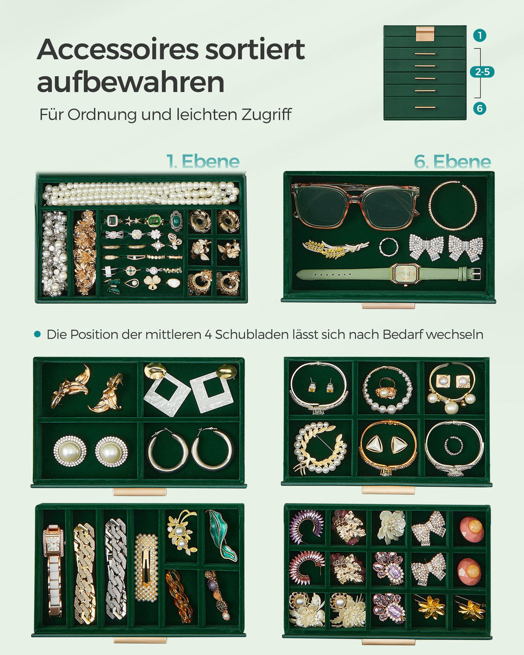 Jewelry box-5 drawers-Modern-Bosgroen-Goud