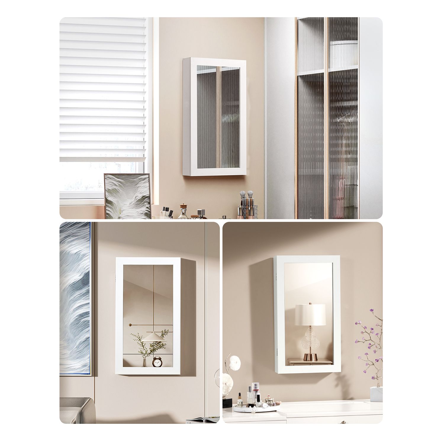 Jewelry cabinet - Hanging - with mirror - with lock - white