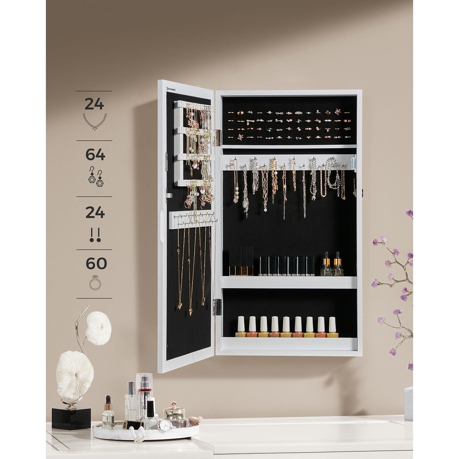 Jewelry cabinet - Hanging - with mirror - with lock - white