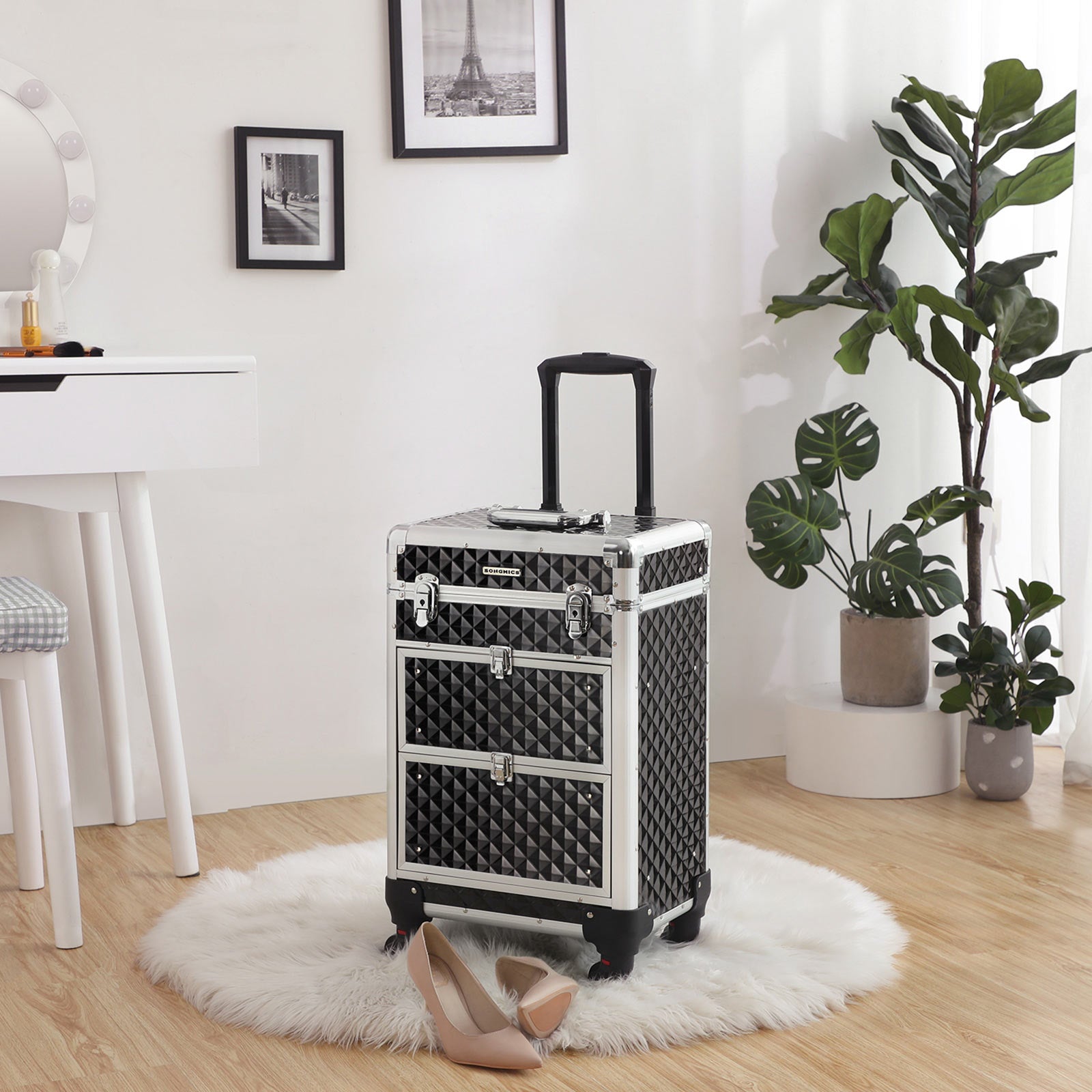 Make -up suitcase - Professional trolley - Hairdressing case with 4 wheels - Black