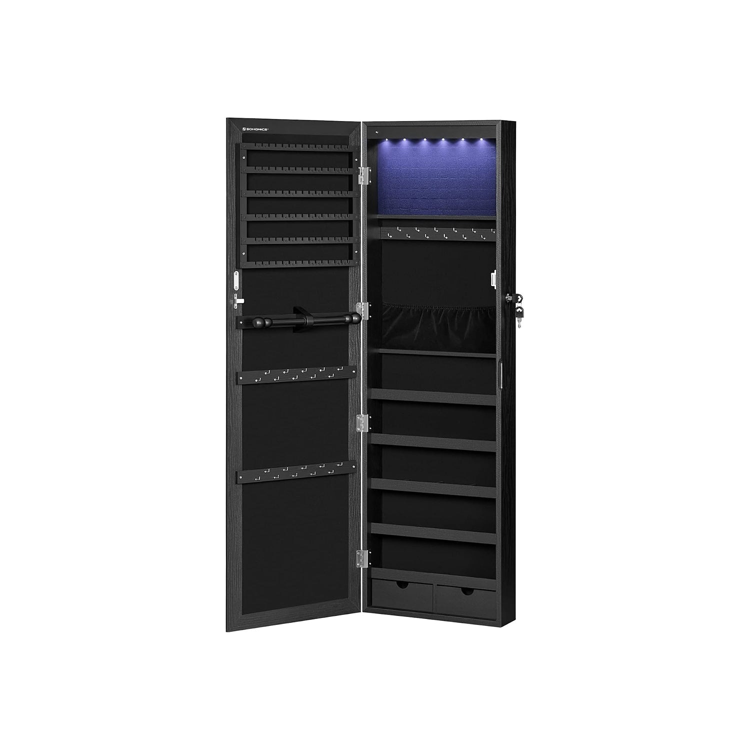 Jewelry cabinet - Hanging - With LED lighting - Door mounting - Black