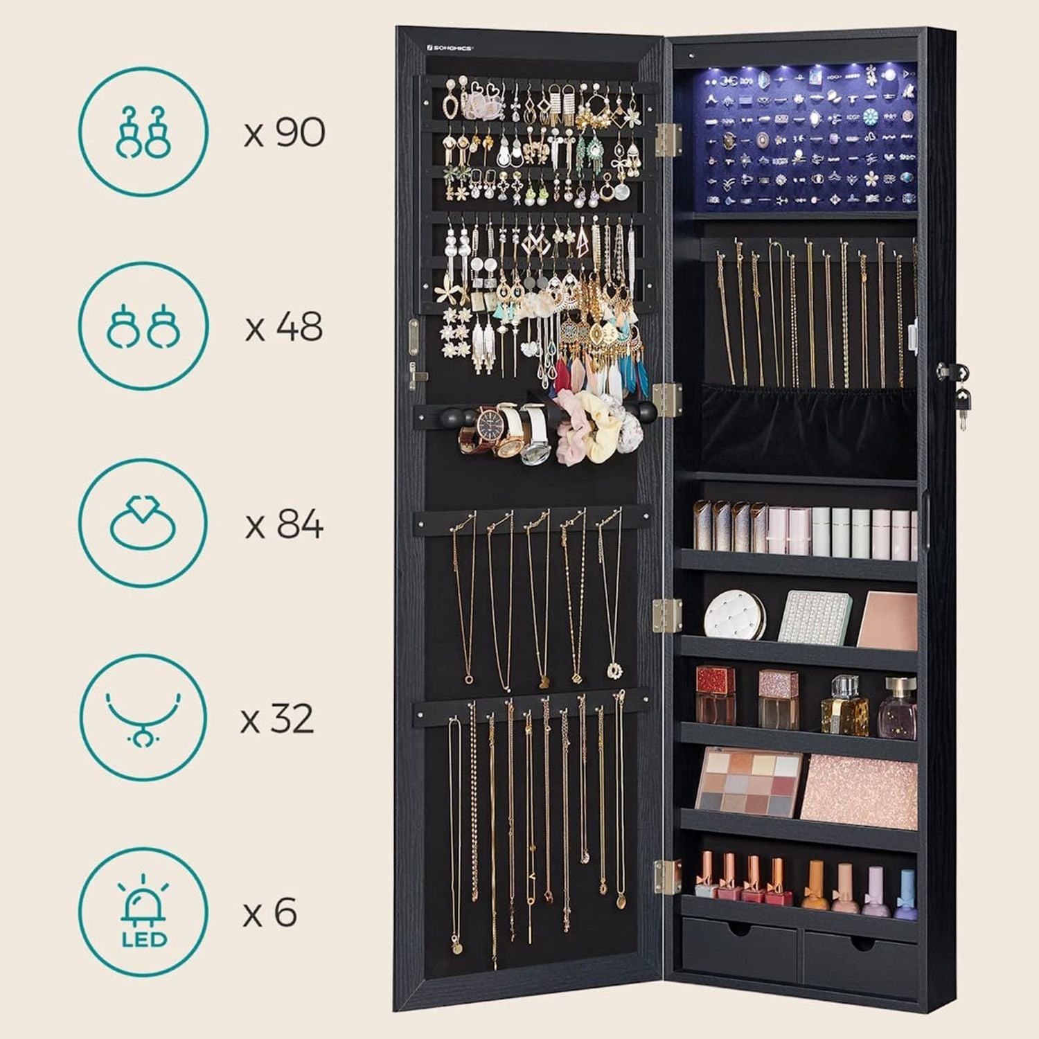 Jewelry cabinet - Hanging - With LED lighting - Door mounting - Black