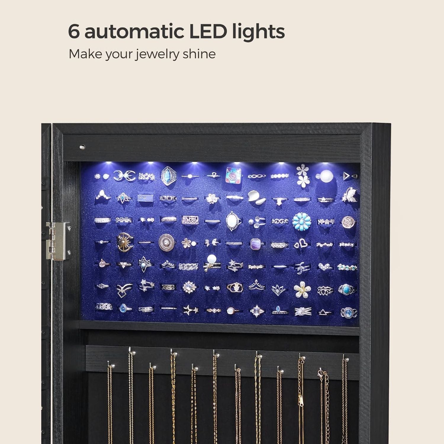 Jewelry cabinet - Hanging - With LED lighting - Door mounting - Black