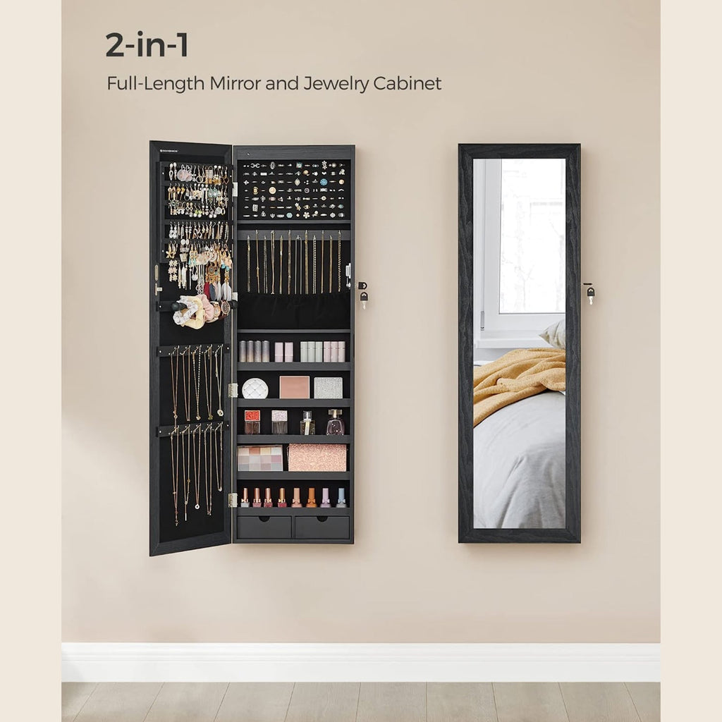 Jewelry cabinet - Hanging - With LED lighting - Door mounting - Black