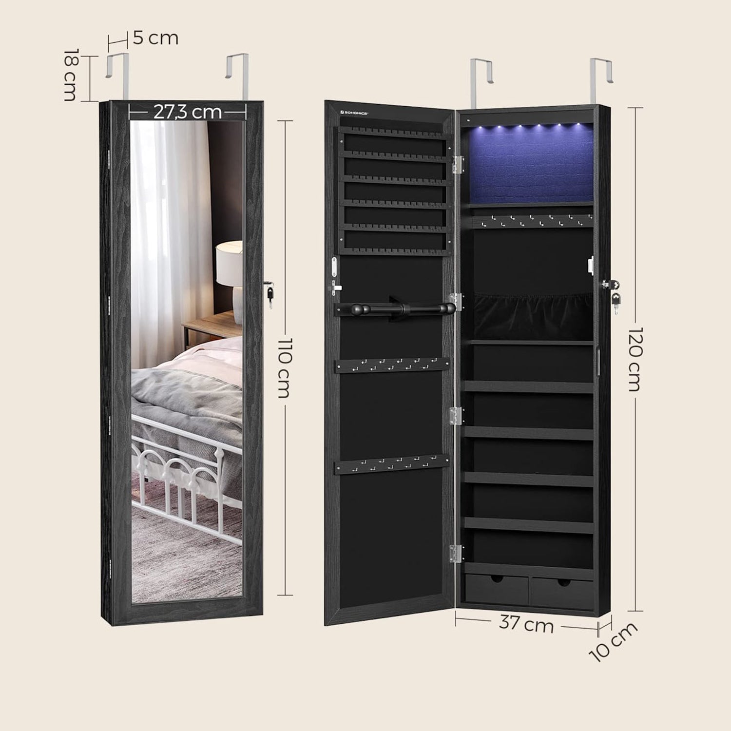 Jewelry cabinet - Hanging - With LED lighting - Door mounting - Black