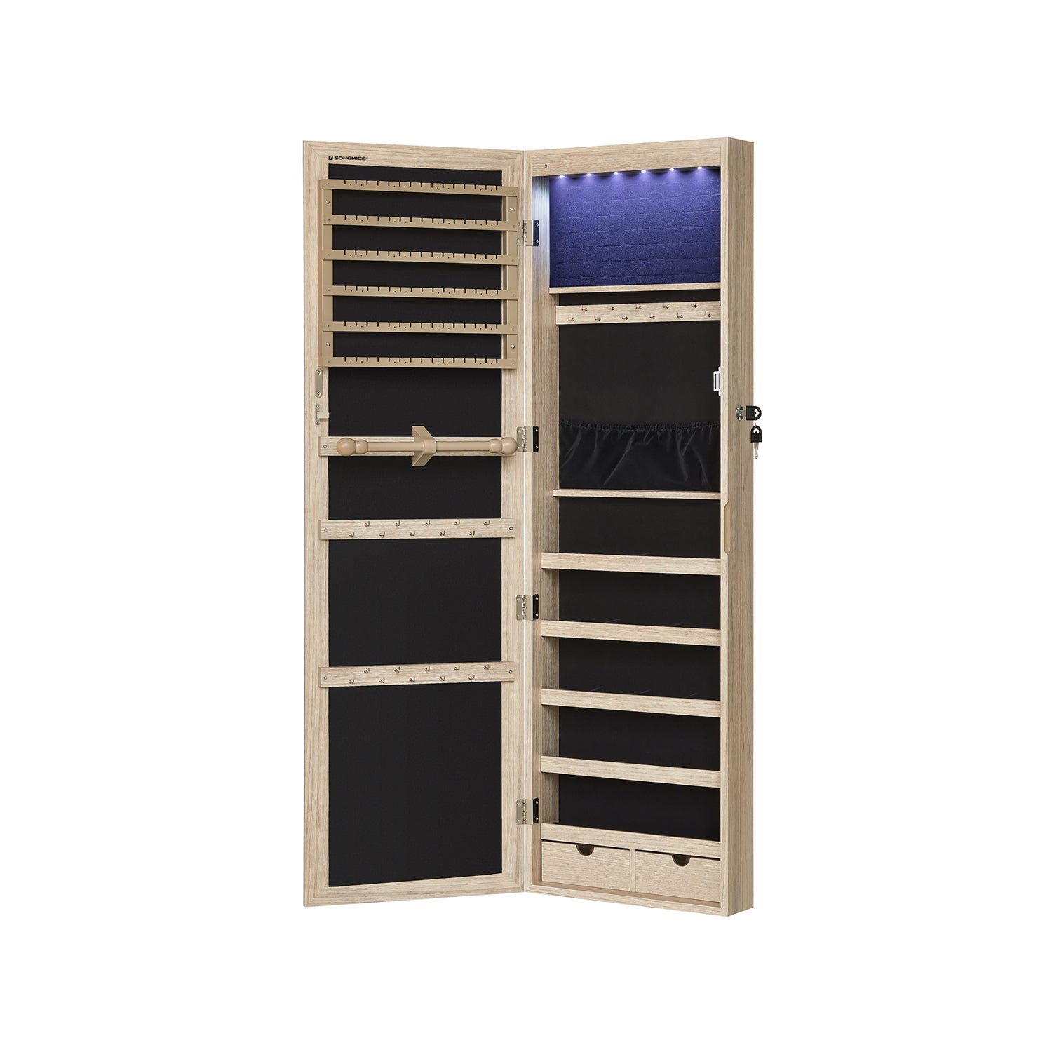 Jewelry cabinet - Hanging - With LED lighting - Door mounting - Black