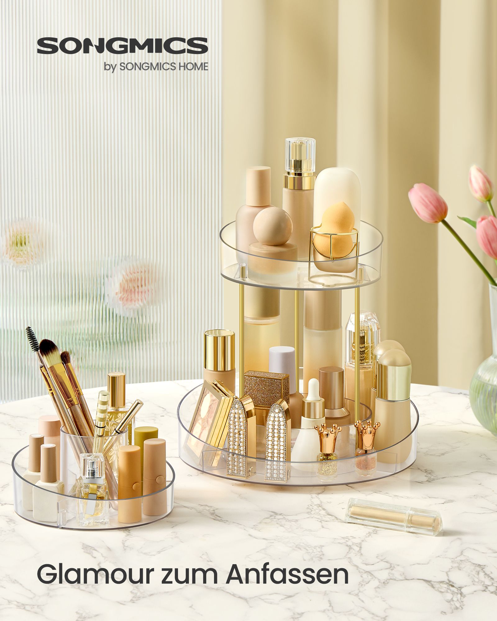 Turning make-up organizer with extra transparent container