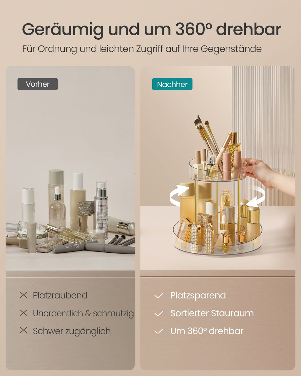 Turning make-up organizer with extra transparent container