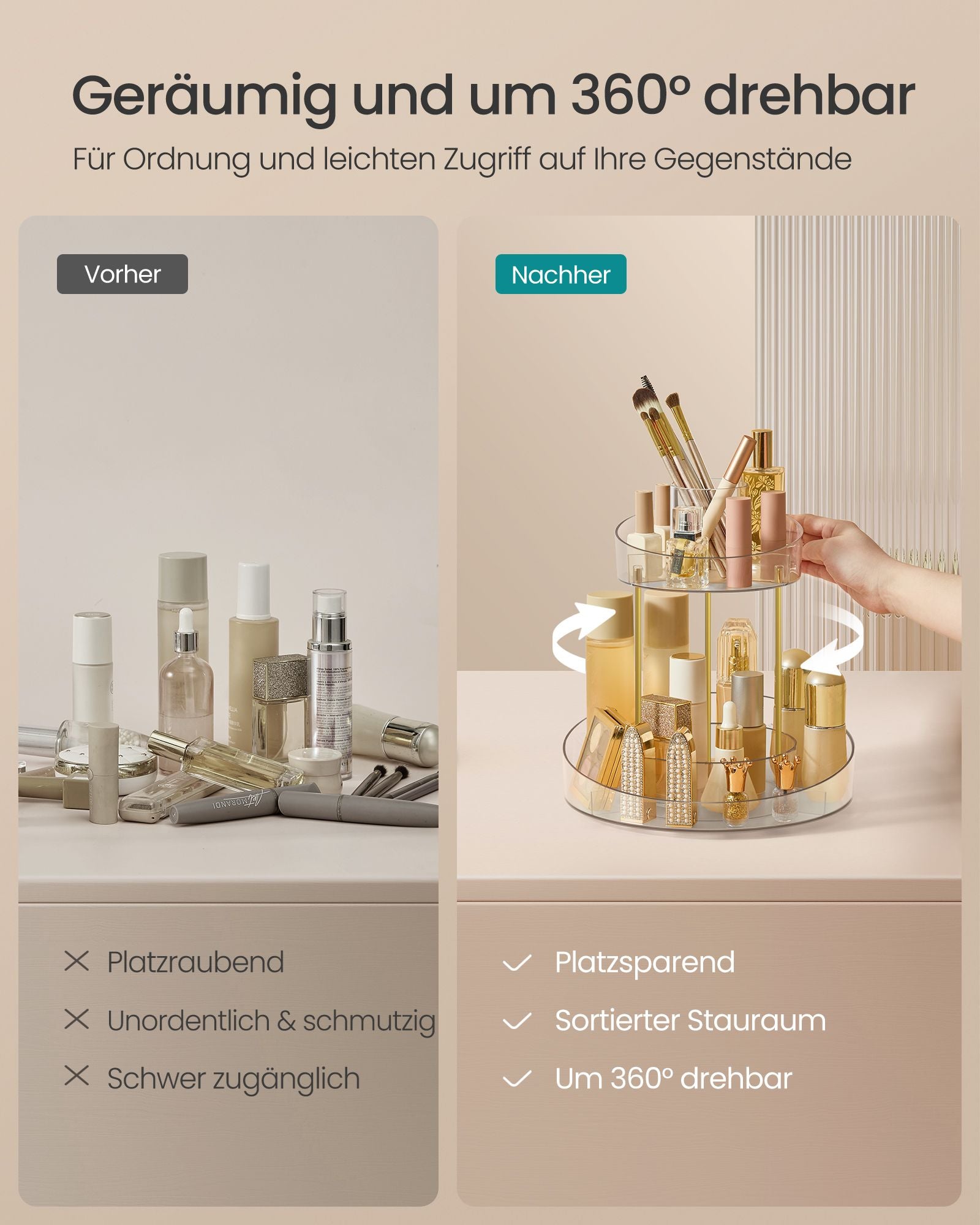 Turning make-up organizer with extra transparent container