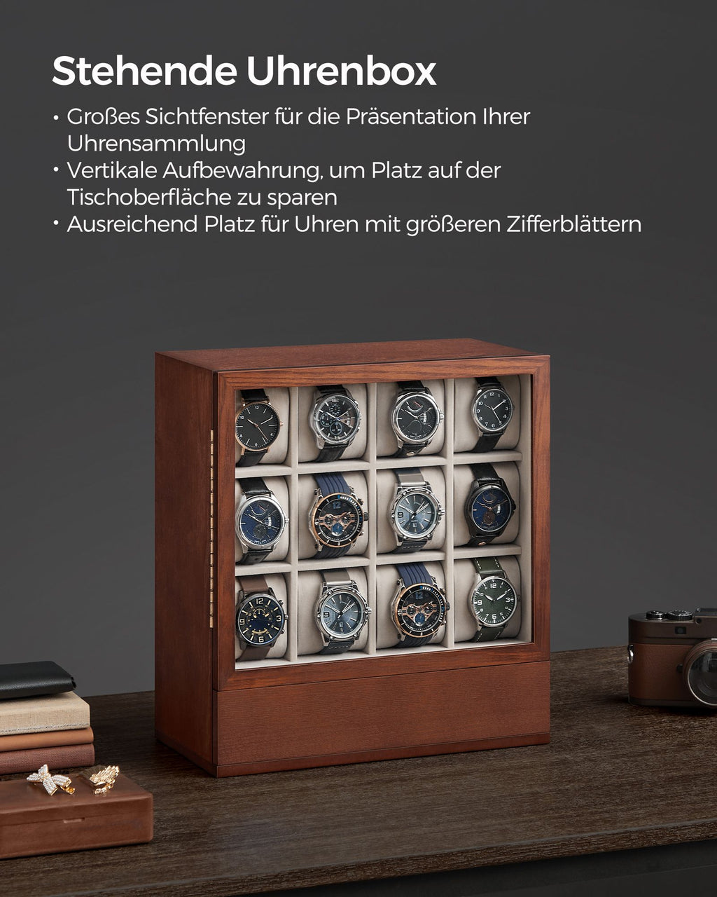 Watch box-12 compartments-with window-Gift idea-Coffee brown