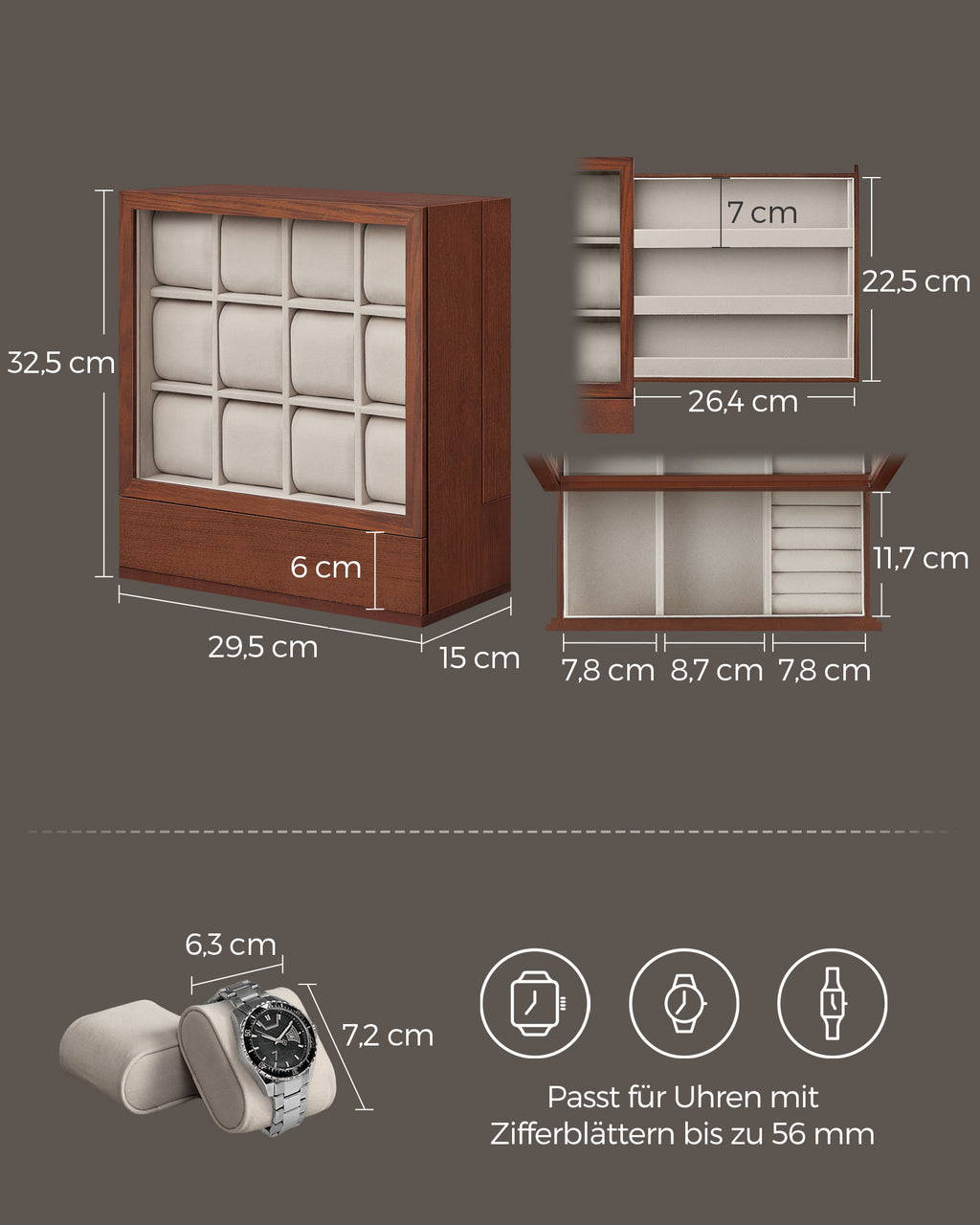 Watch box-12 compartments-with window-Gift idea-Coffee brown