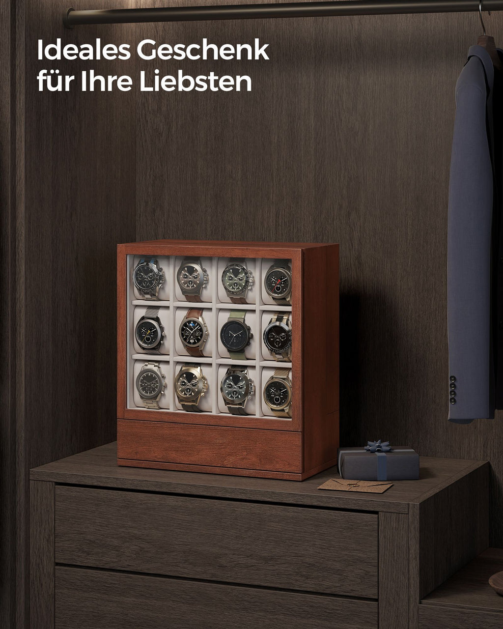Watch box-12 compartments-with window-Gift idea-Coffee brown
