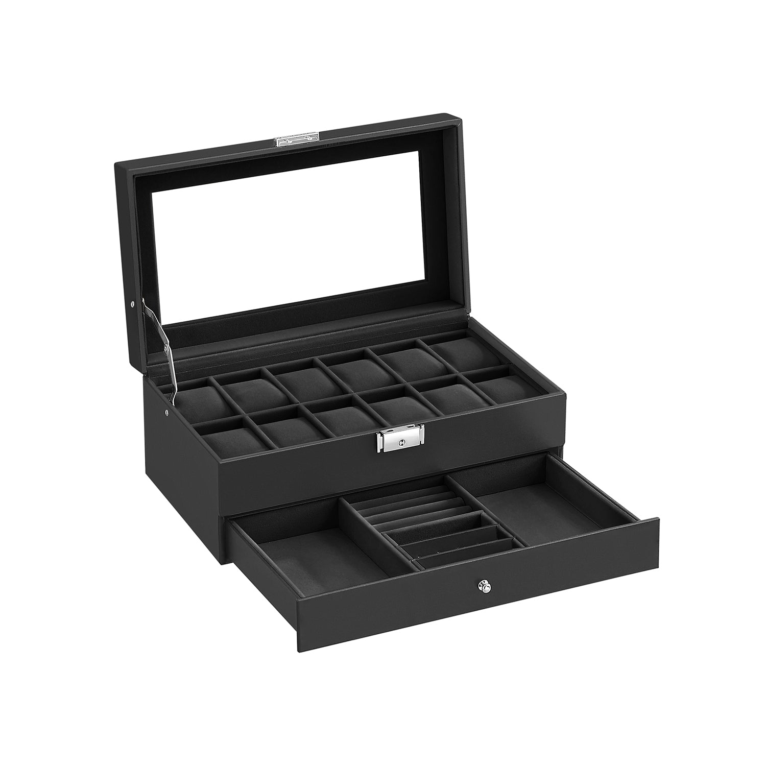 Watchbox - with drawer - 12 watches - jewelry box - Glass lid - Black