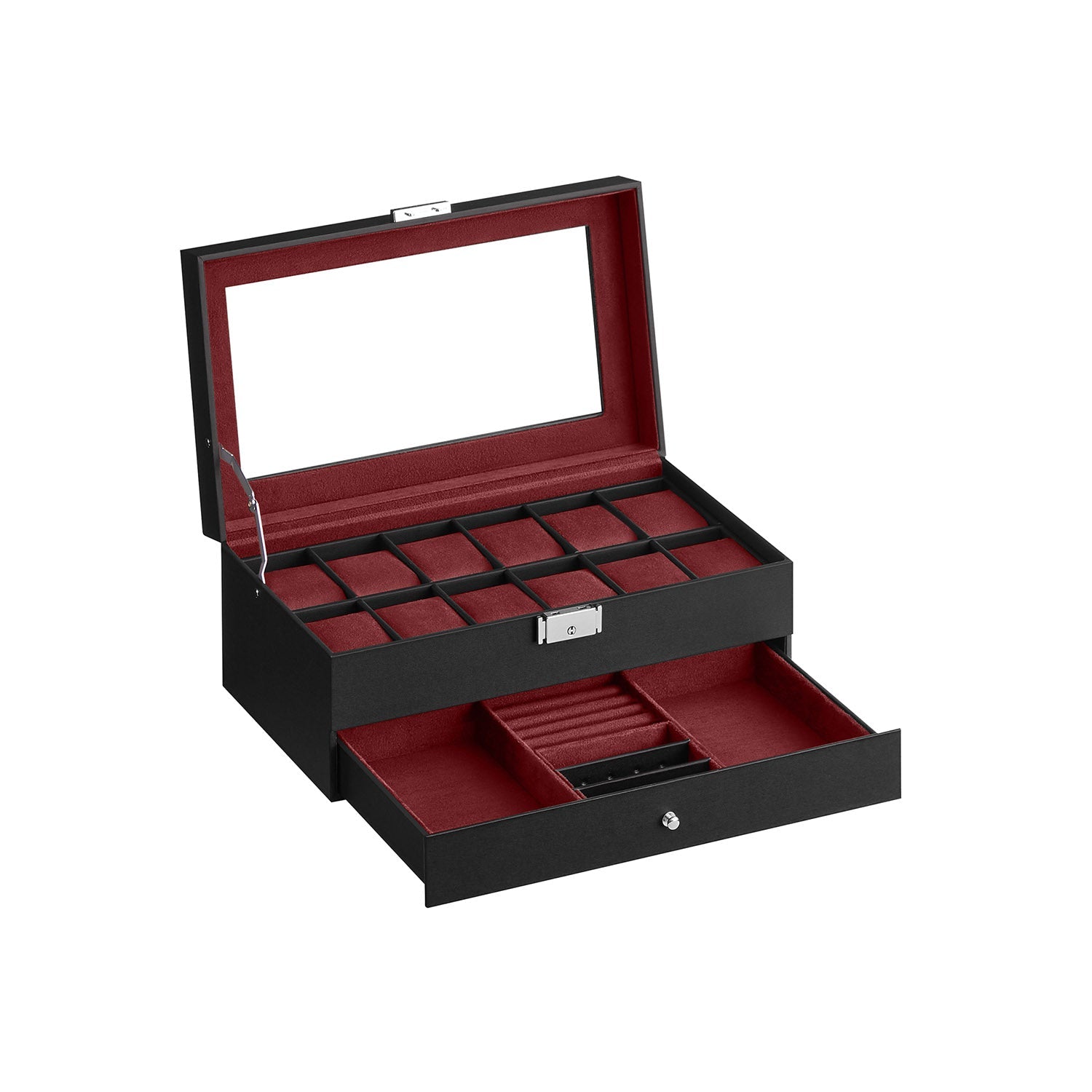 Watchbox - with drawer - 12 watches - jewelry box - Glass lid - Black