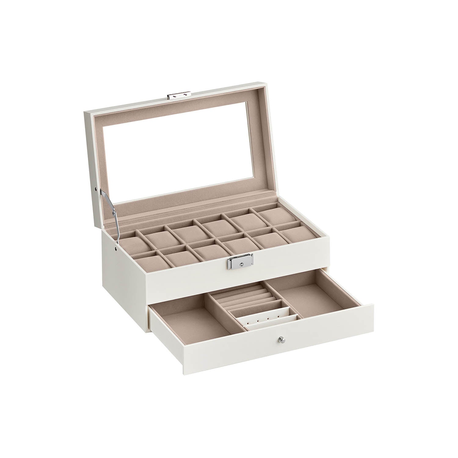 Watchbox - with drawer - 12 watches - jewelry box - Glass lid - Black