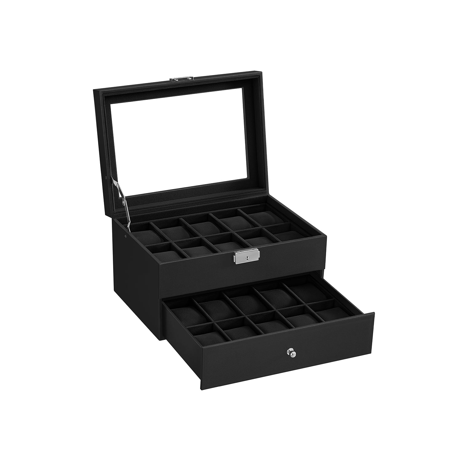 Watchbox - 20 watches - Glass lid - Black