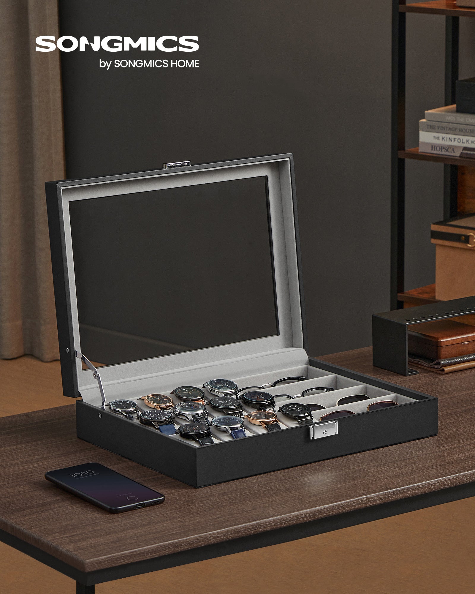 Lockable watch box with 16 compartments, ink black