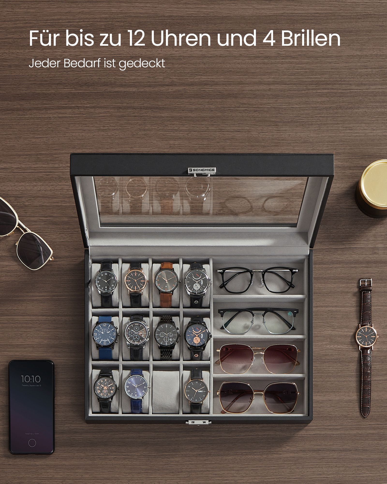 Lockable watch box with 16 compartments, ink black