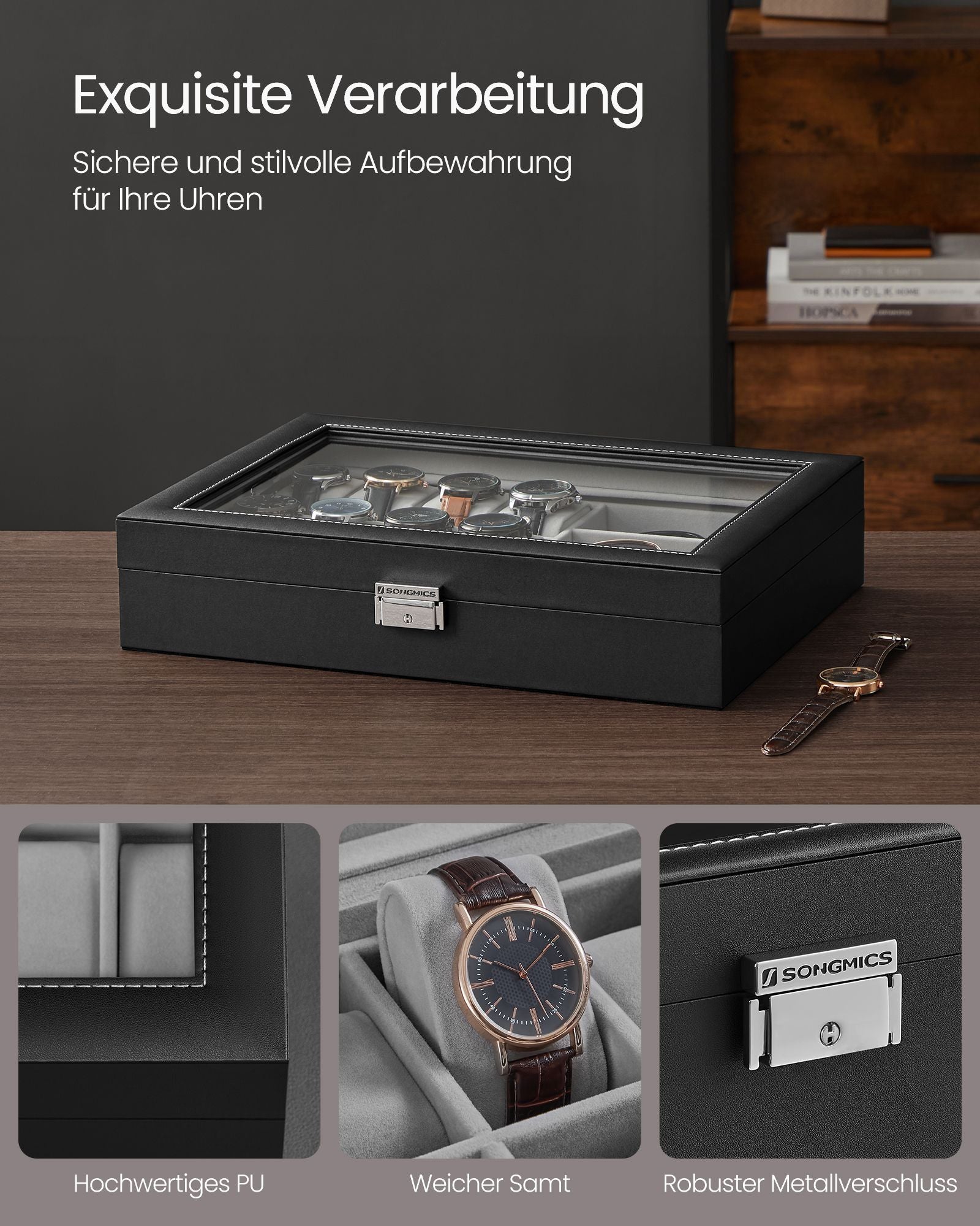 Lockable watch box with 16 compartments, ink black