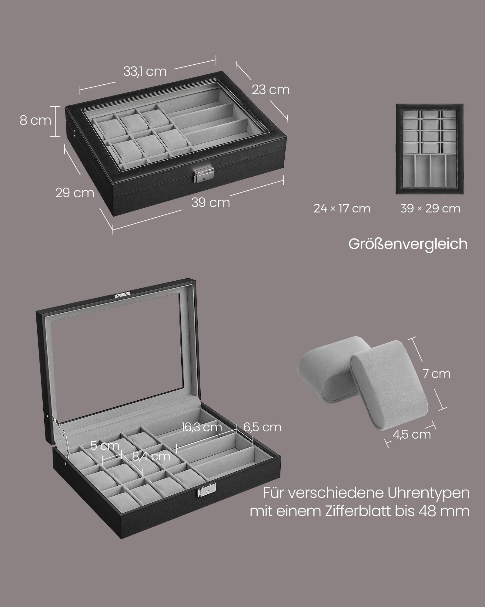 Lockable watch box with 16 compartments, ink black