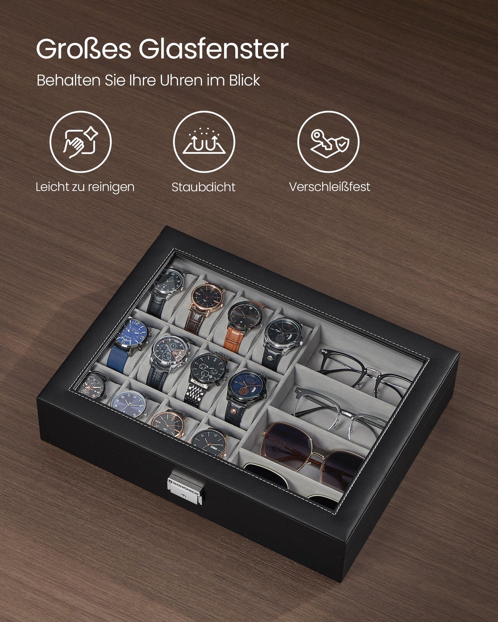 Lockable watch box with 16 compartments, ink black