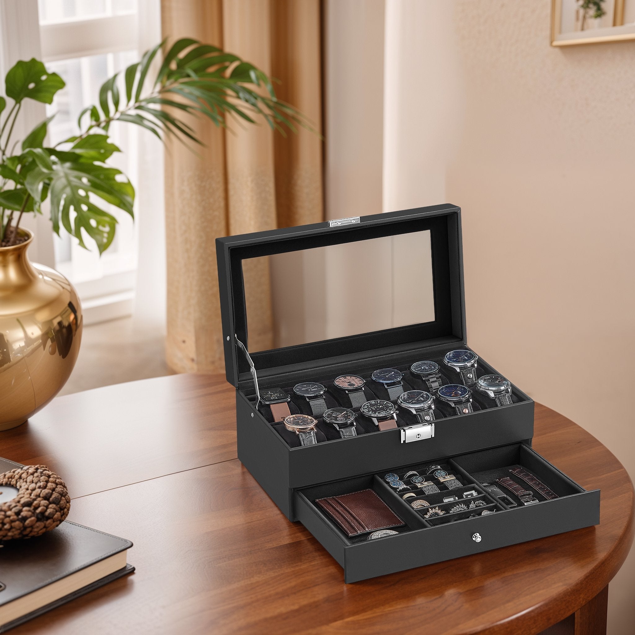 Watchbox with glass lid - 2 layers for 12 watches