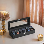 Watch box with glass lid - 6 compartments for watches, elegant display