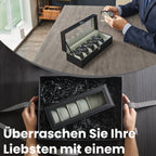 Watch box with glass lid - 6 compartments for watches, elegant display