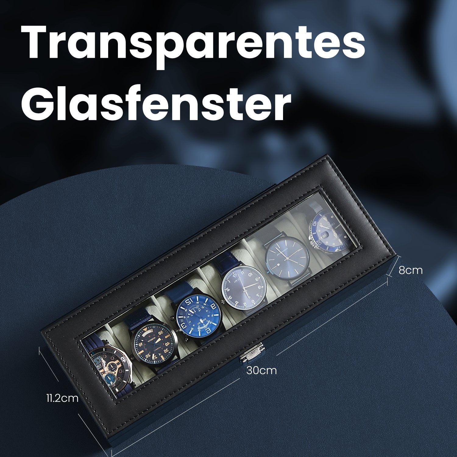 Watch box with glass lid - 6 compartments for watches, elegant display