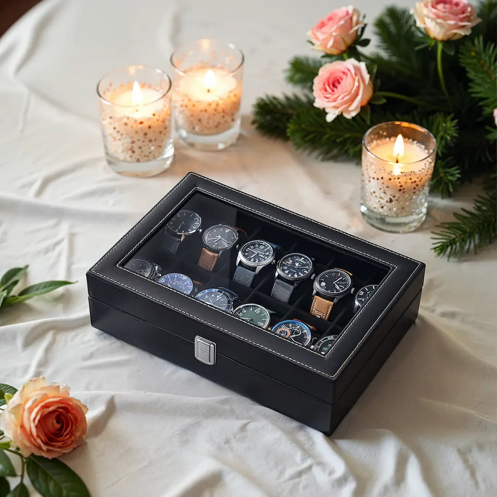 Watch box - with 12 compartments and glass lid, luxury storage box