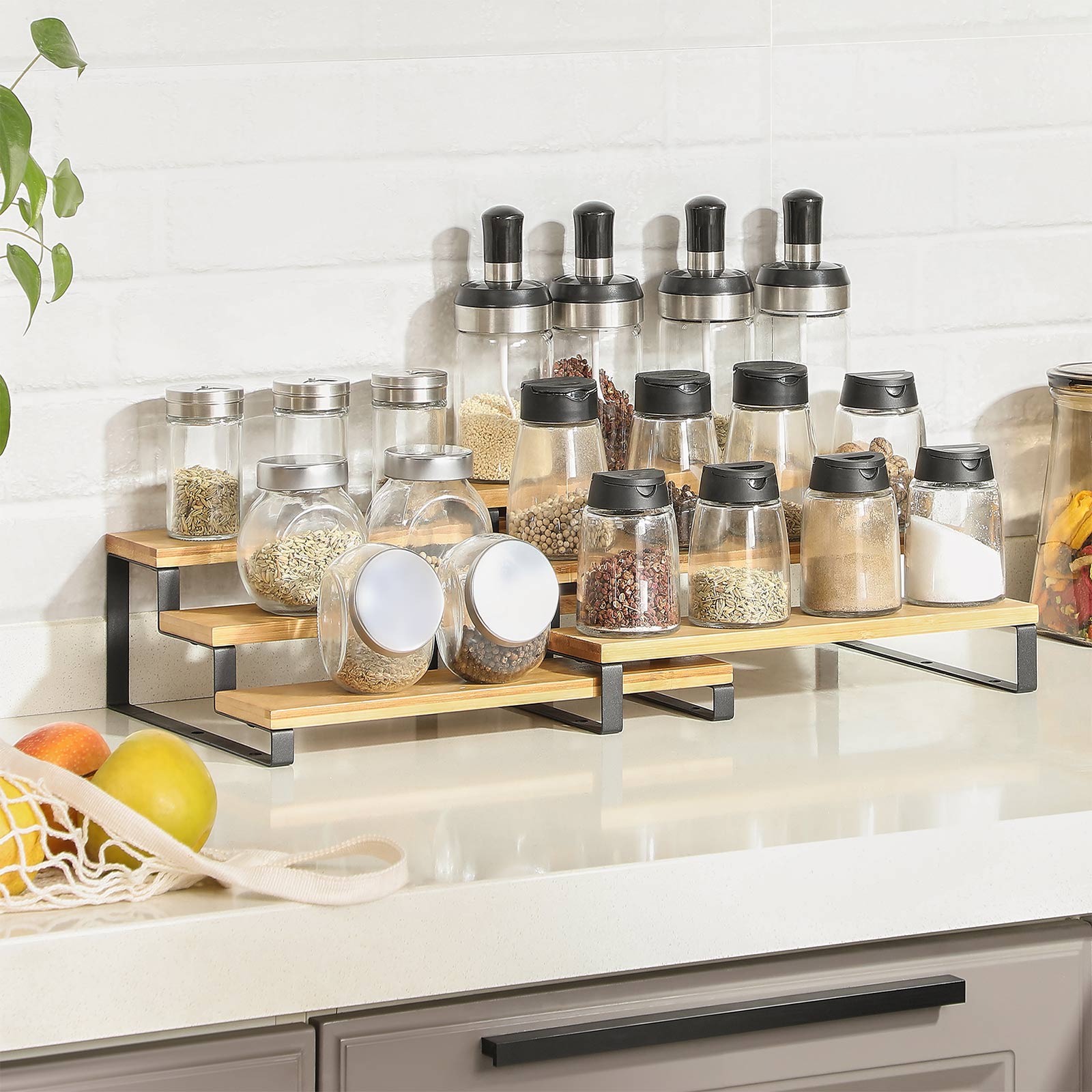 Bamboo spice racks - Kitchen racks - Set of 2 - Natural/Black