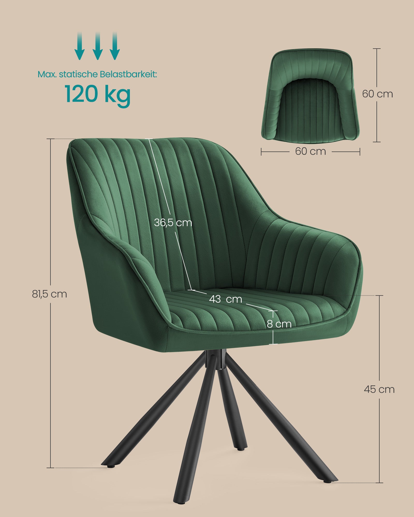 Dining room chair with armrest - green/black - trendy design