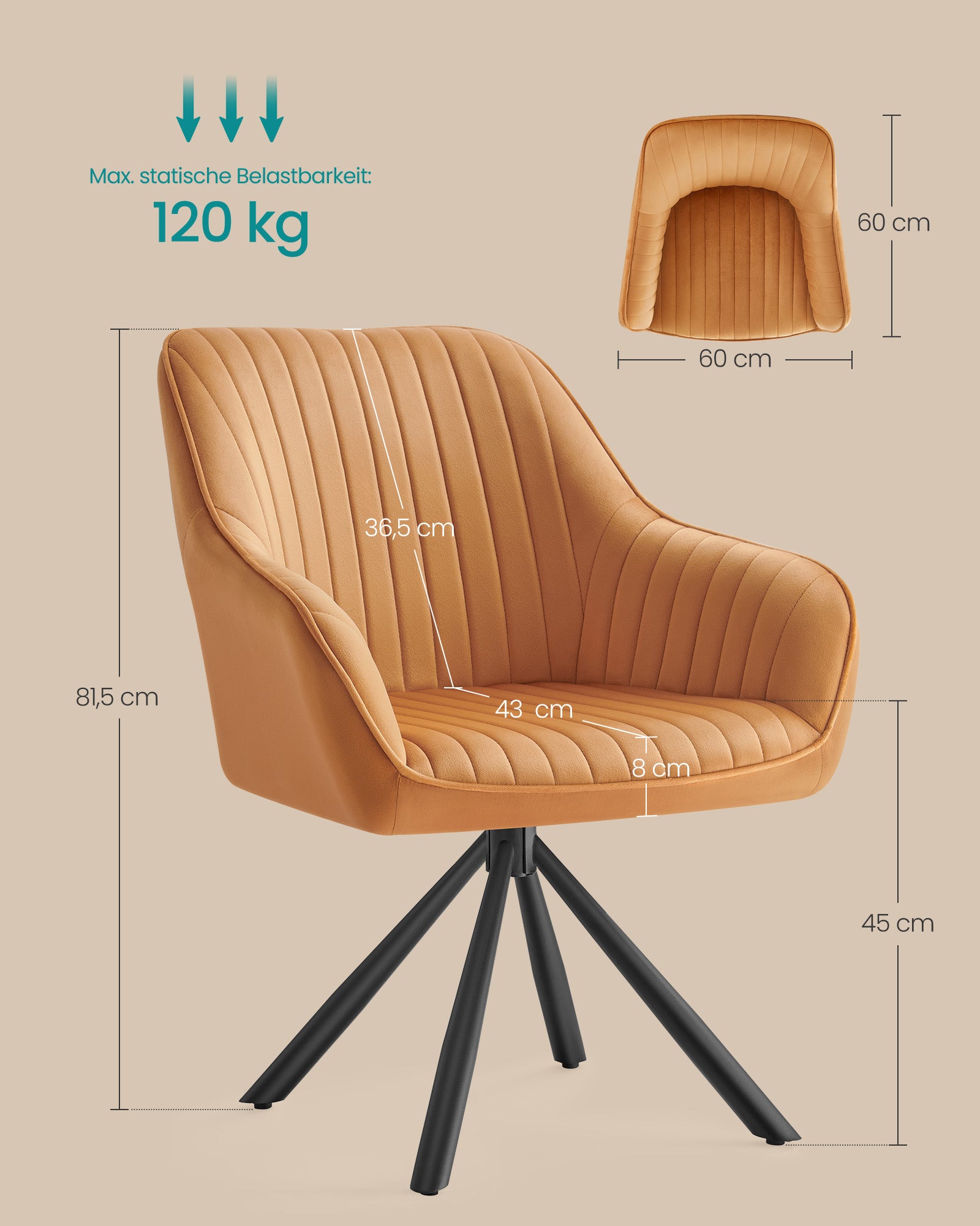 Dining room chair-with armrests, caramel brown ink black