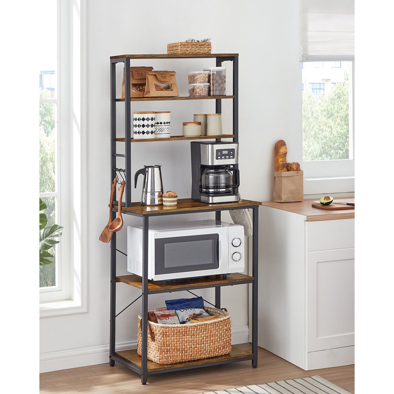 Kitchen rack - Kitchen cupboard - With shelves and 8 hooks - Microwave shelf - 40 x 60 x 167 cm