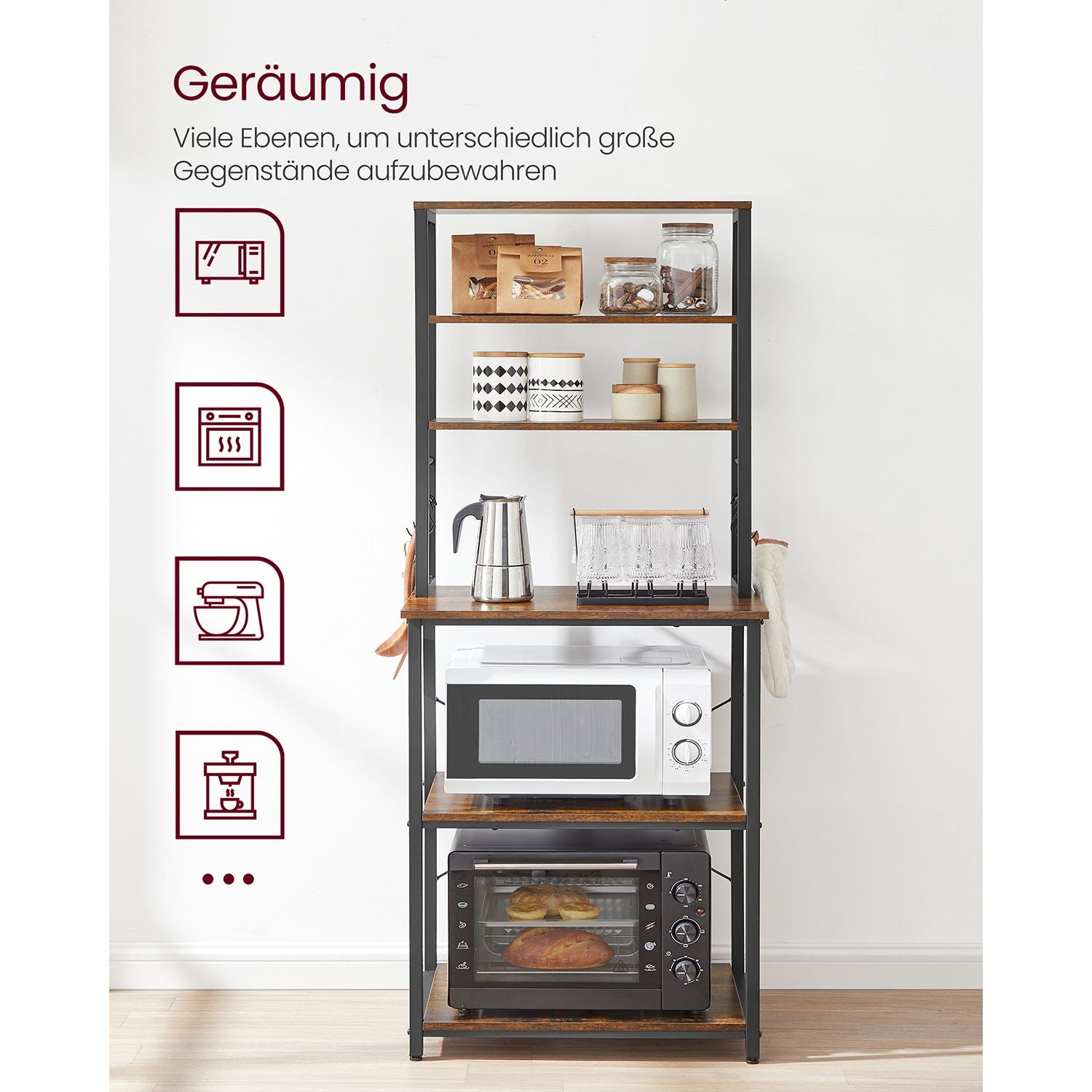 Kitchen rack - Kitchen cupboard - With shelves and 8 hooks - Microwave shelf - 40 x 60 x 167 cm