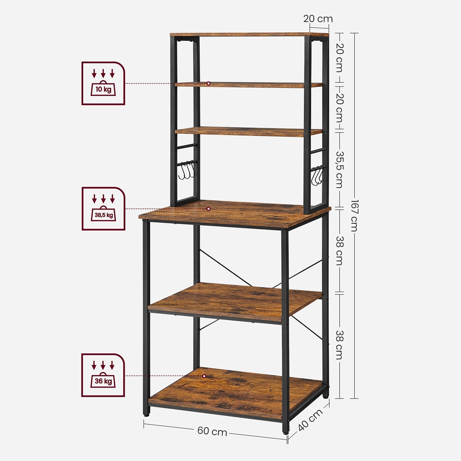 Kitchen rack - Kitchen cupboard - With shelves and 8 hooks - Microwave shelf - 40 x 60 x 167 cm