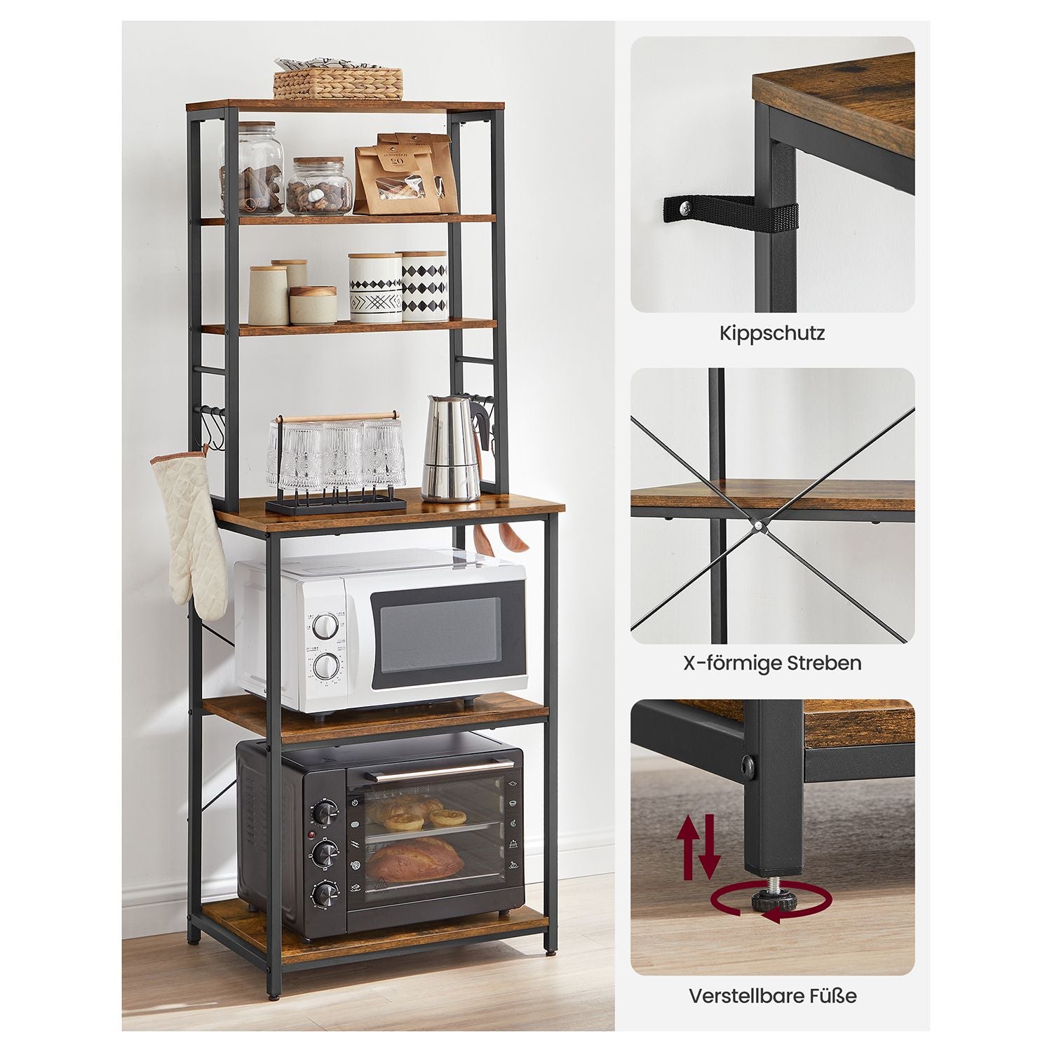 Kitchen rack - Kitchen cupboard - With shelves and 8 hooks - Microwave shelf - 40 x 60 x 167 cm